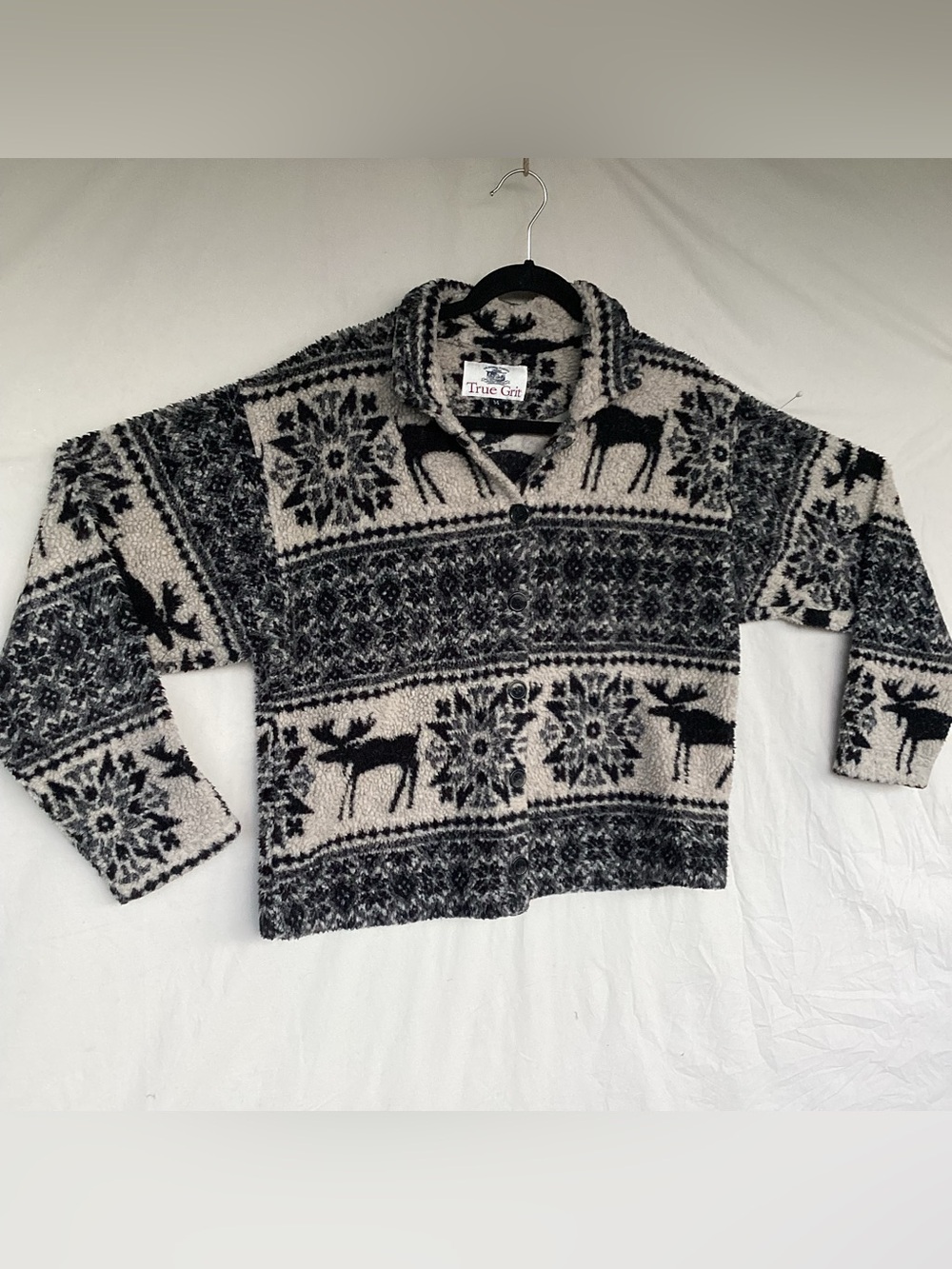 Vintage True grit Fairisle moose button down teddy jacket winter made in USA